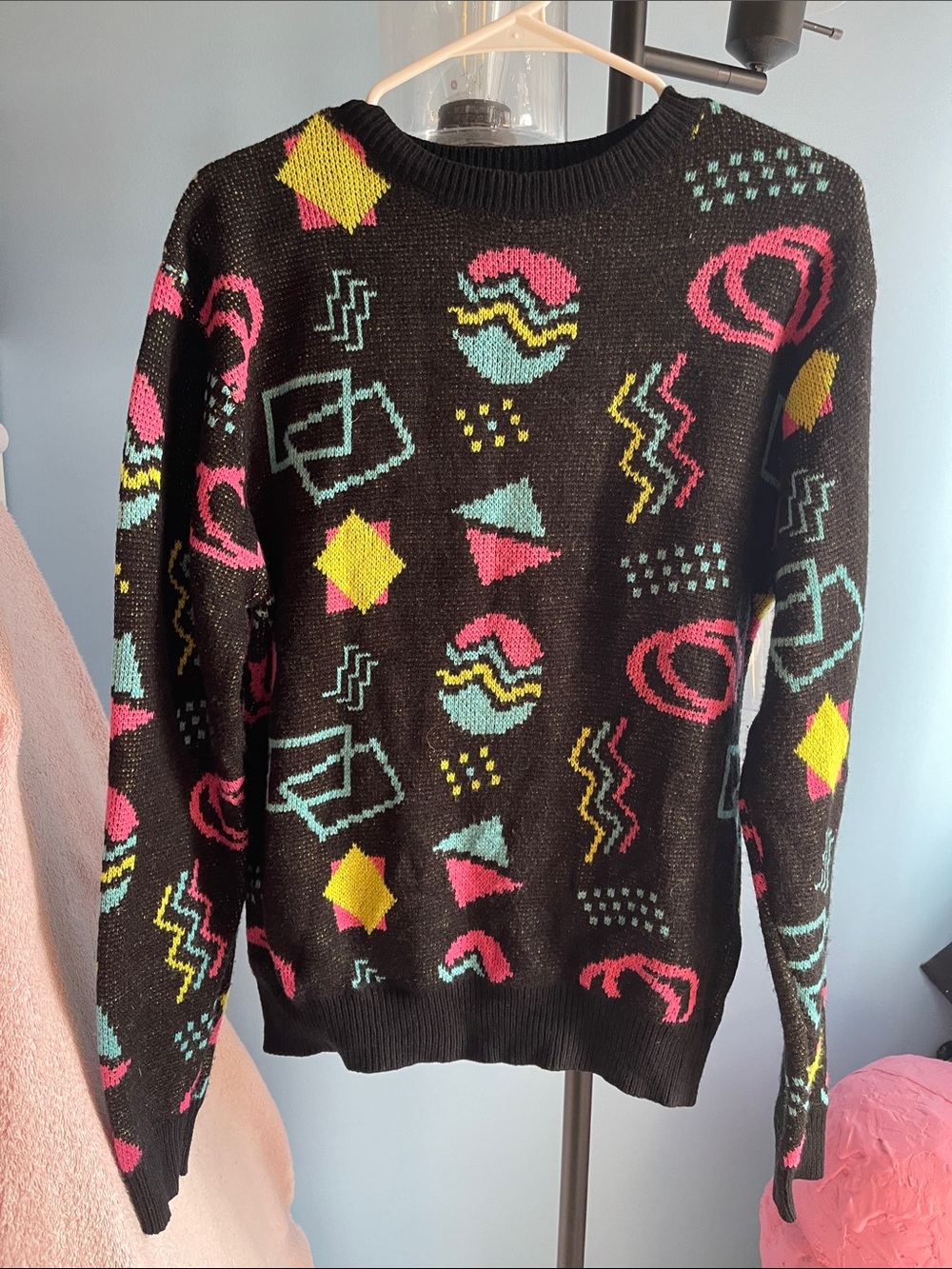 Black Geo-Pattern Crewneck Sweater with Pink, Yellow & Aqua Accents